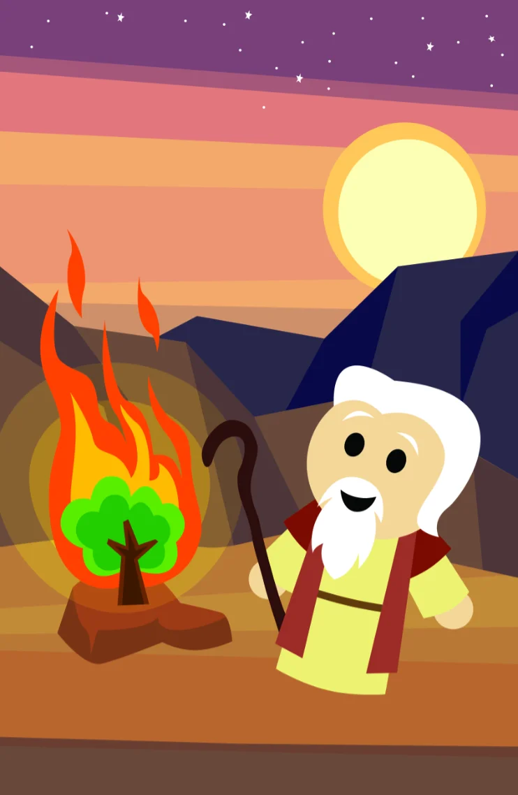 A cute, animated depiction of Moses holding a staff, standing near the burning bush under a colorful sunset sky, with mountains in the background. 