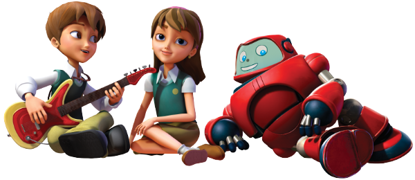 Boy holding a guitar, a girl seated cross-legged, and a friendly red robot lying on its side
